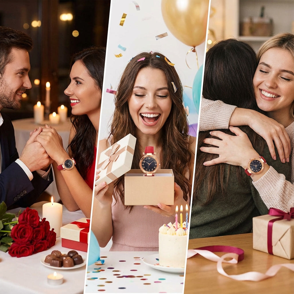 Elegante Dameshorloge met Sterrenhemel Wijzerplaat – Rode Leren Band & Roségouden Kast