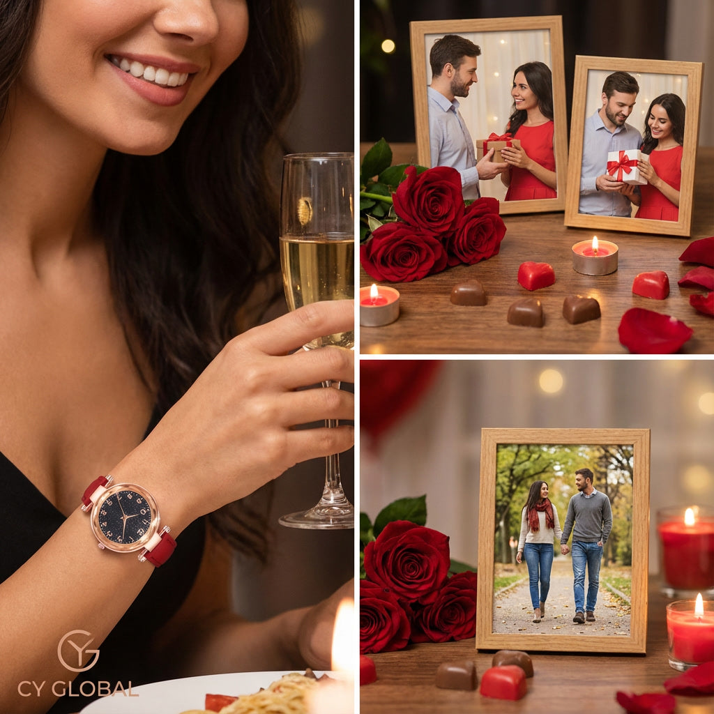 Elegante Dameshorloge met Sterrenhemel Wijzerplaat – Rode Leren Band & Roségouden Kast